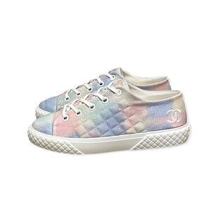 CHANEL 22C Printed Fabric Green, Pink, Blue & White Sneakers |Size:39|